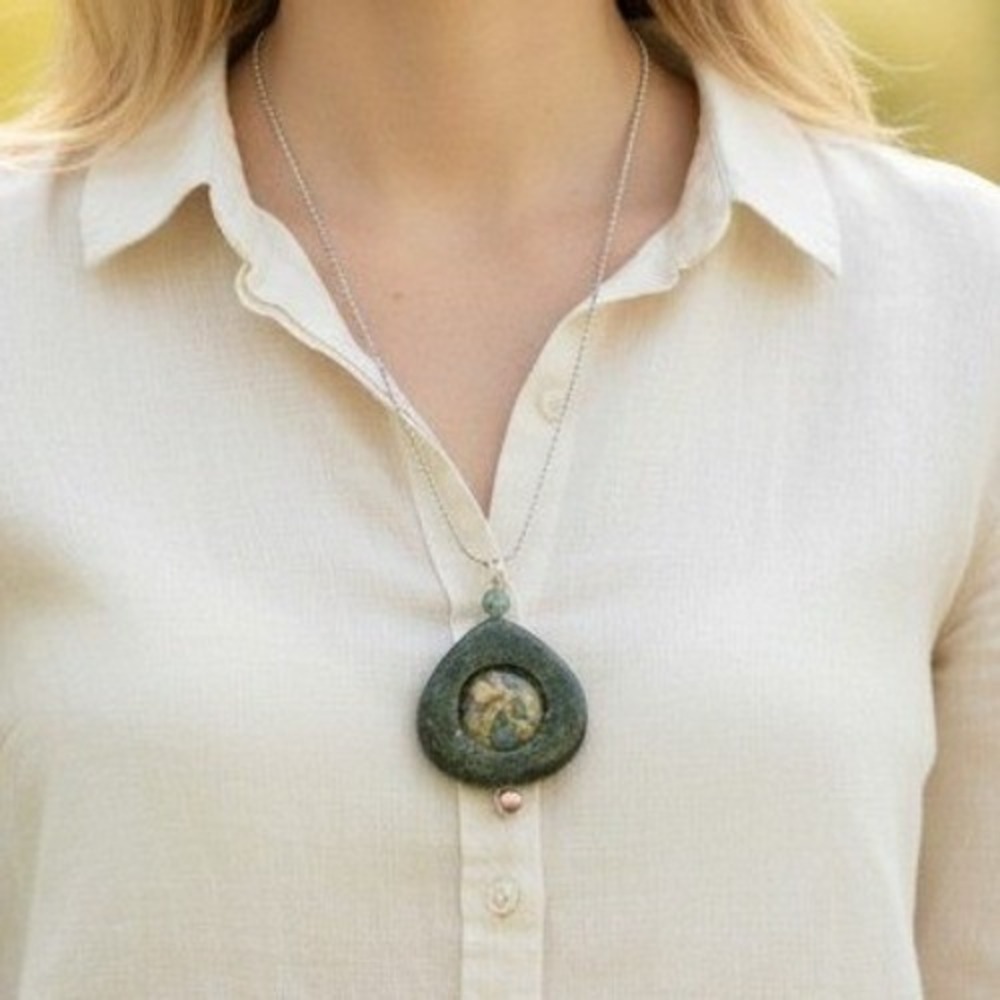 Stone Pendant Women OS Green Agate Pearl Artisan Boho Jewelry